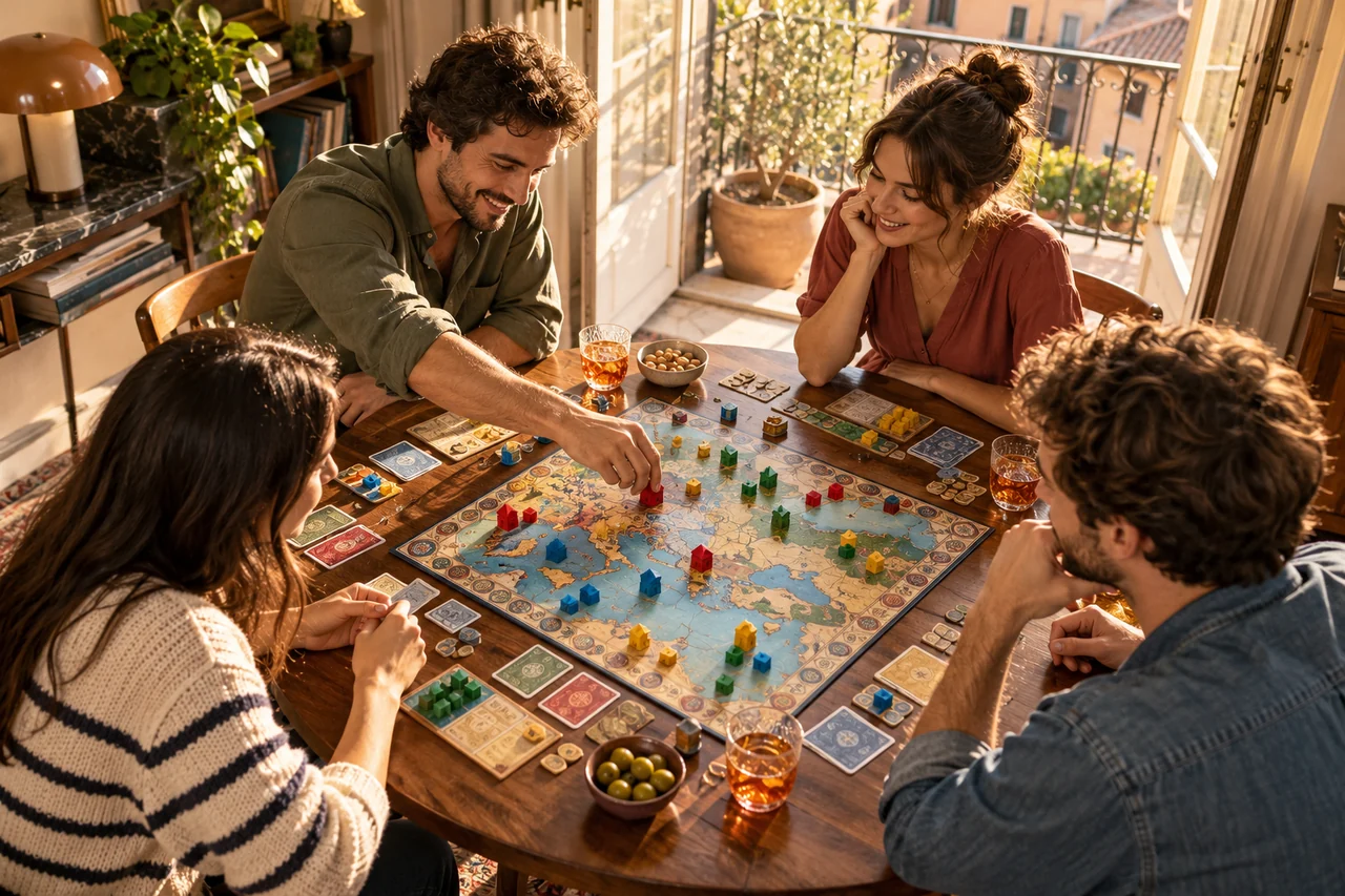 Quattro amici iniziano un gioco da tavolo