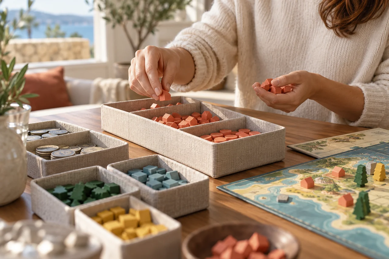 Componenti di gioco ordinati in piccoli contenitori