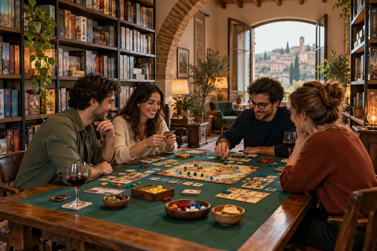 Scaffale di giochi senza marchi e tavolo pronto